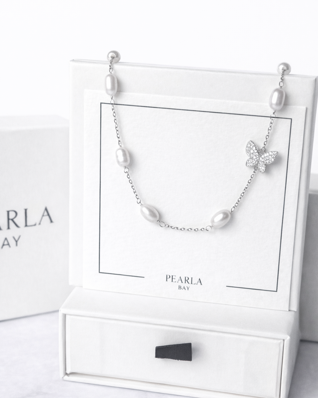 Dainty Pearl Butterfly Necklace Silver