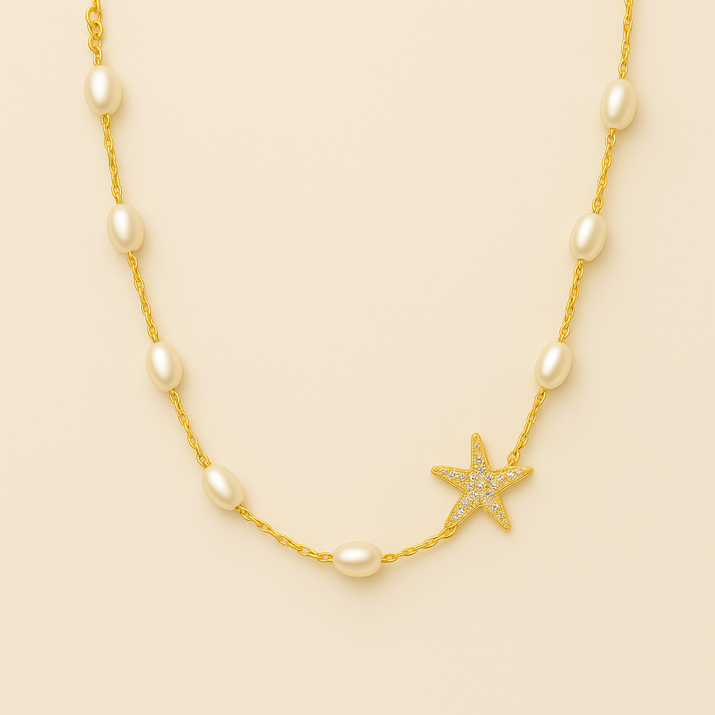 Dainty Pearl Starfish Necklace Gold