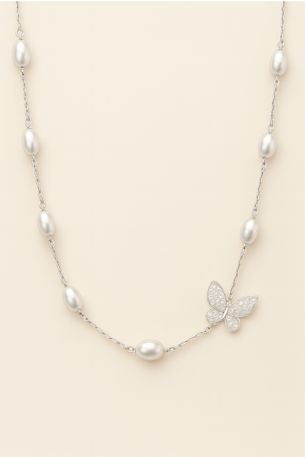 Dainty Pearl Butterfly Necklace Silver